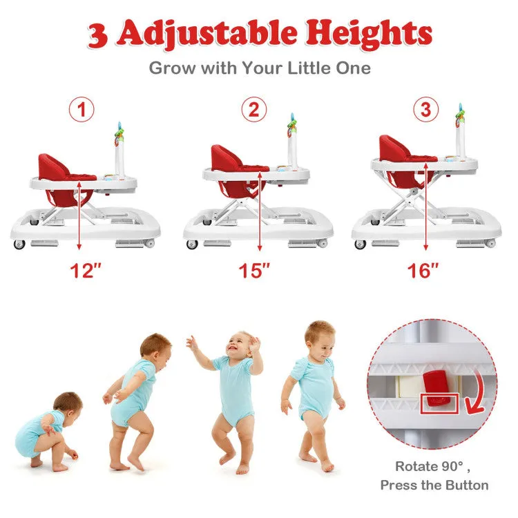 2-in-1 Foldable Baby Walker with Adjustable Heights - Red