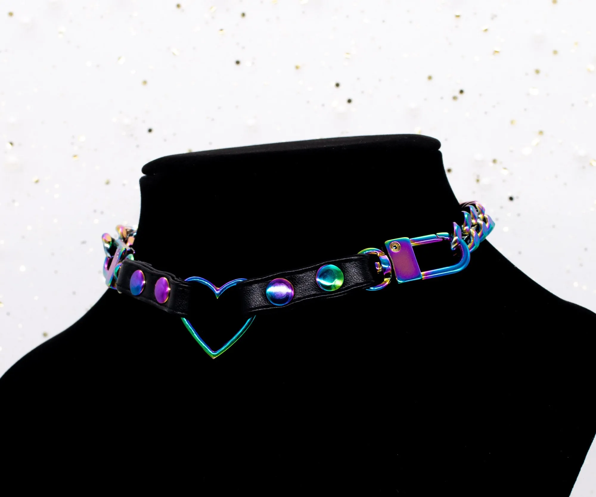 3/8" Black Vegan Leather Split Heart Collar in Rainbow