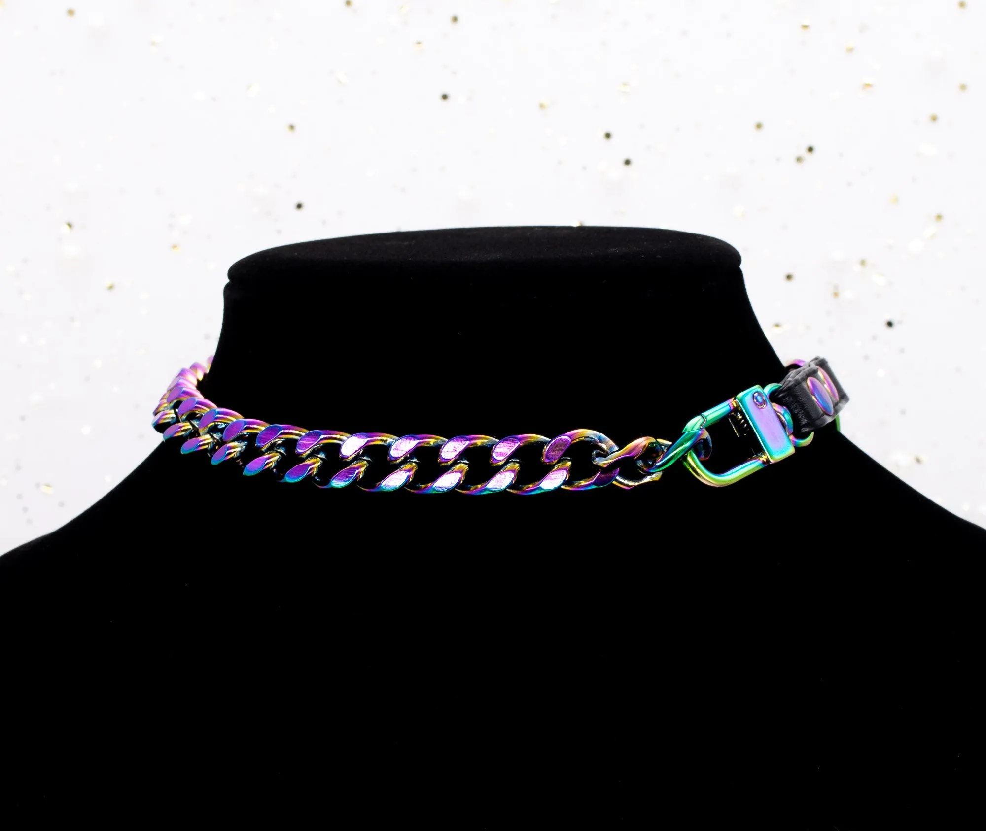 3/8" Black Vegan Leather Split Heart Collar in Rainbow