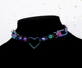 3/8" Black Vegan Leather Split Heart Collar in Rainbow