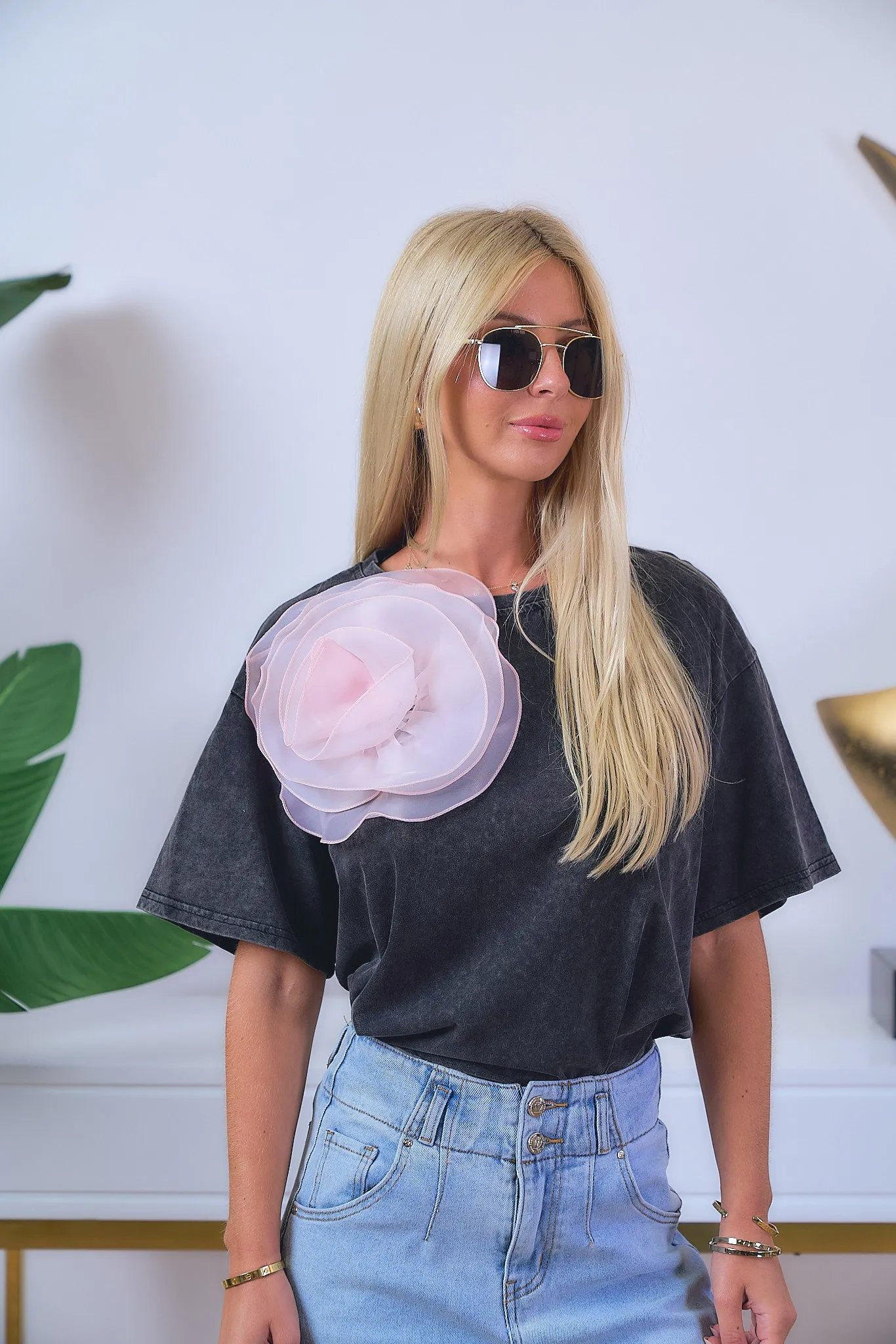 3D Organza Flower Detail Oversize T-Shirt