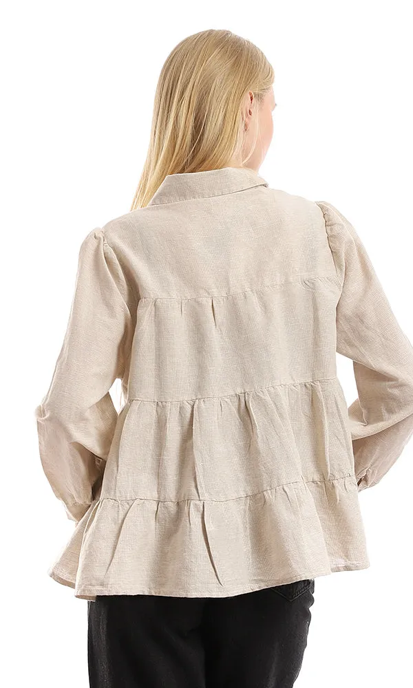 94808 Self Pattern Tiered Buttoned Beige Shirt