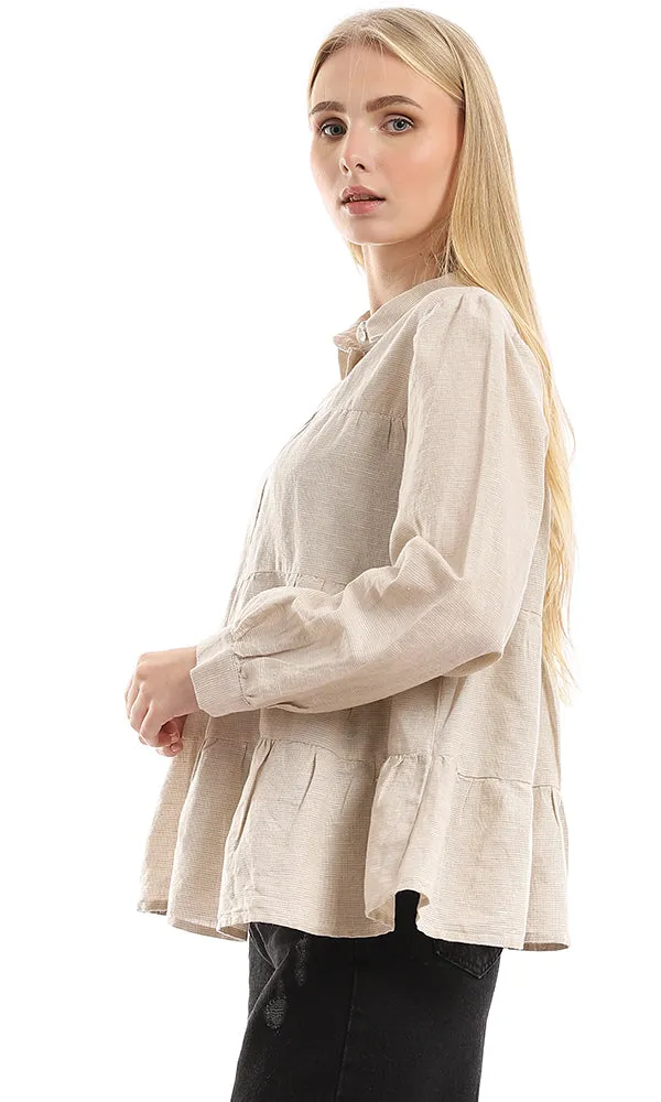 94808 Self Pattern Tiered Buttoned Beige Shirt