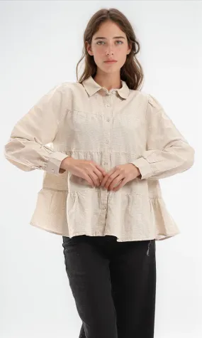 94808 Self Pattern Tiered Buttoned Beige Shirt