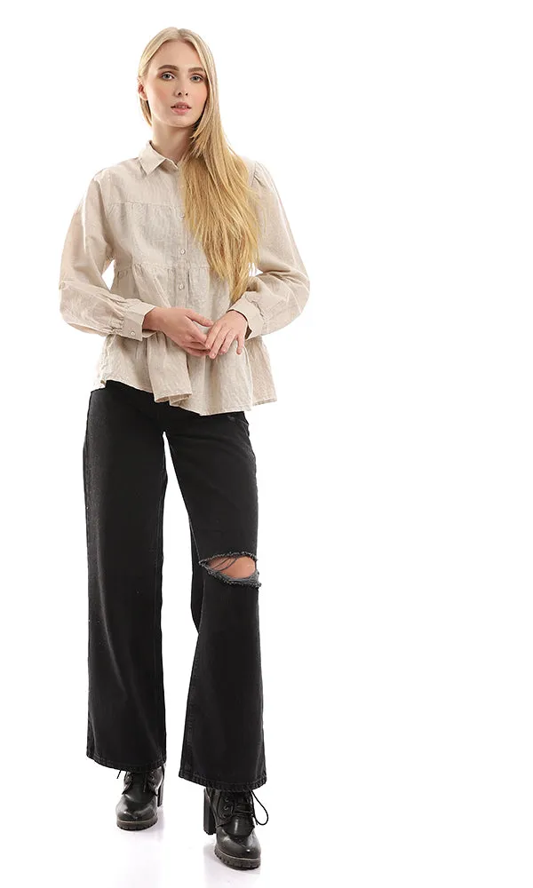 94808 Self Pattern Tiered Buttoned Beige Shirt