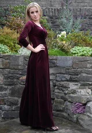 A-line Floor-length V-neck Velvet Long Sleeves Prom Dresses, PD0043