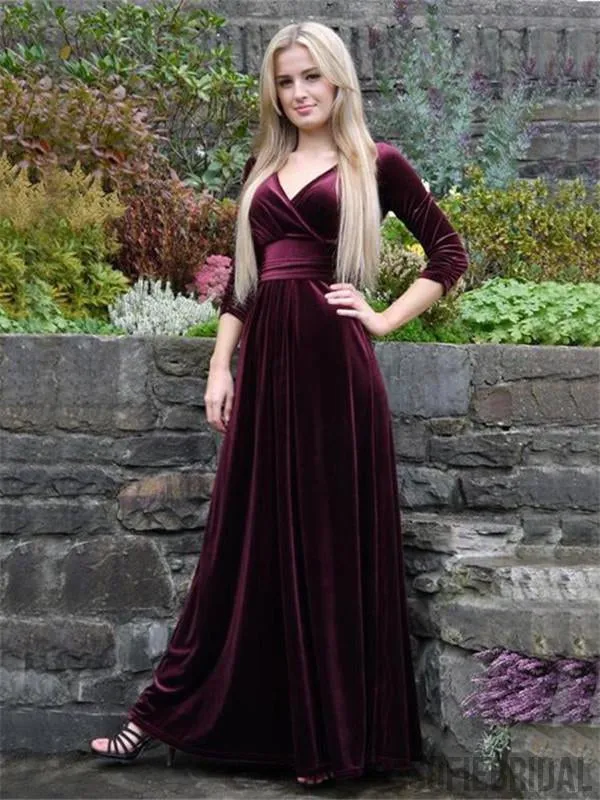 A-line Floor-length V-neck Velvet Long Sleeves Prom Dresses, PD0043