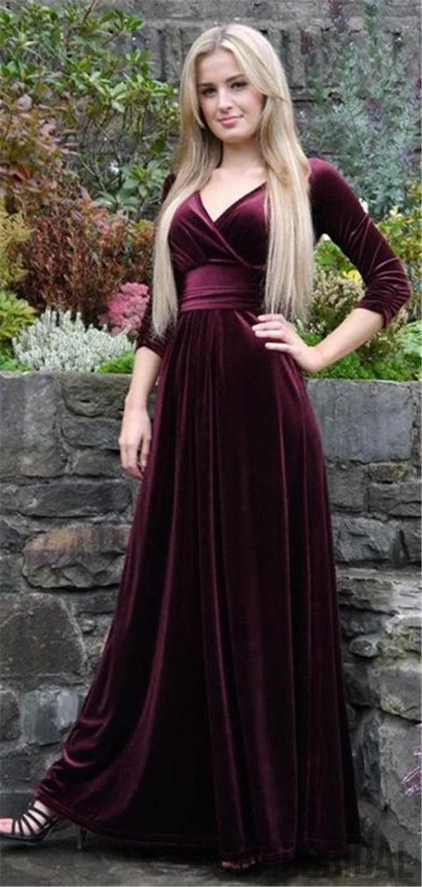 A-line Floor-length V-neck Velvet Long Sleeves Prom Dresses, PD0043