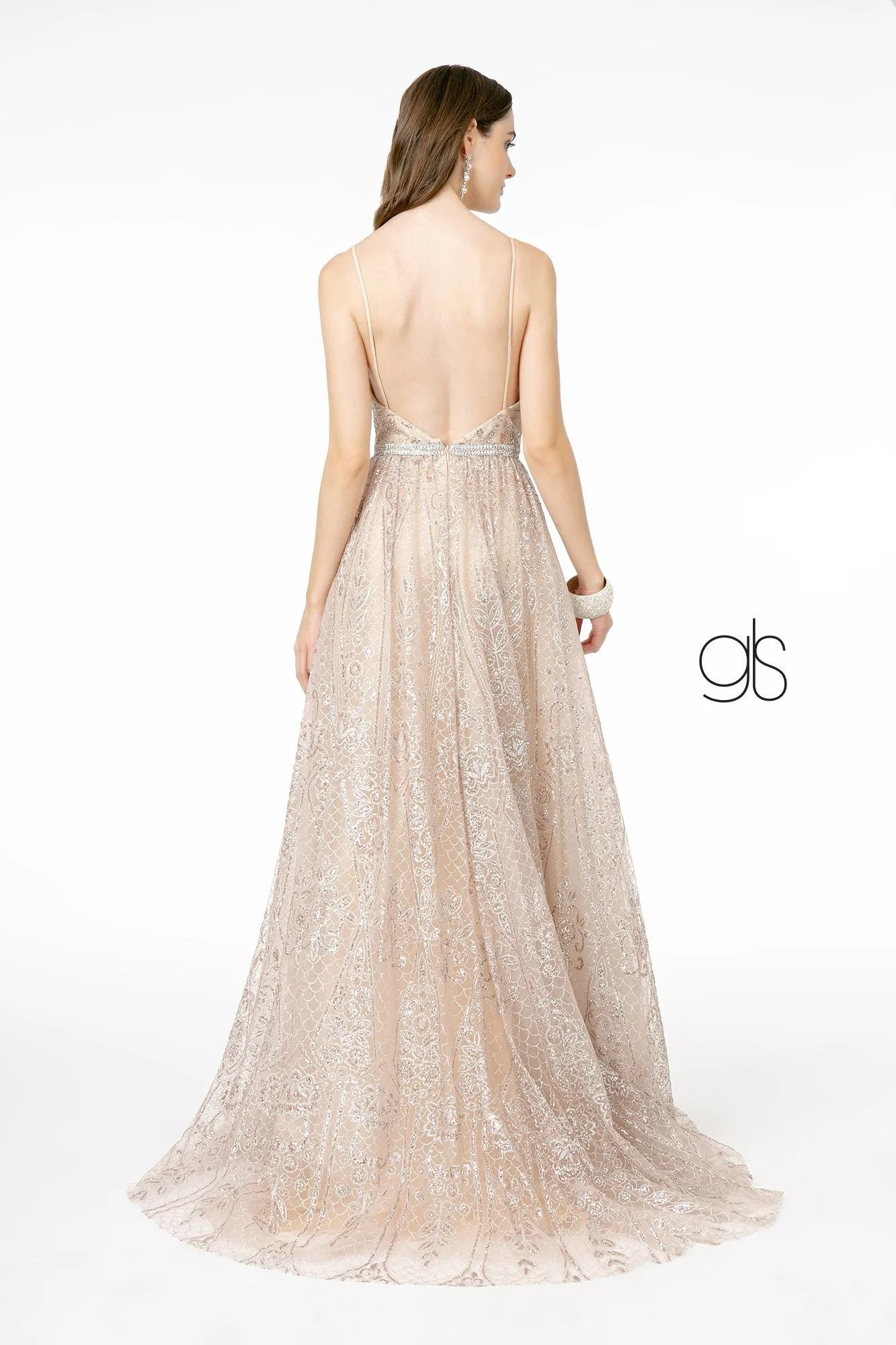 A-Line Glitter Gown with Deep V-Neck by Elizabeth K GL2915