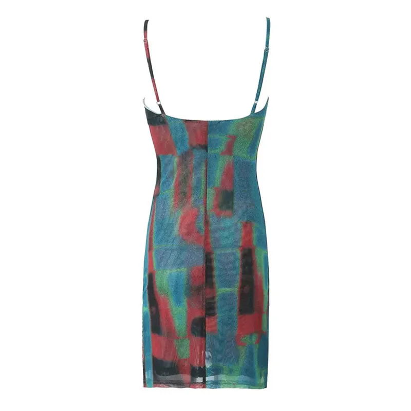 Abstract Print Scoop Neck Spaghetti Strap Mesh Bodycon Mini Sundress