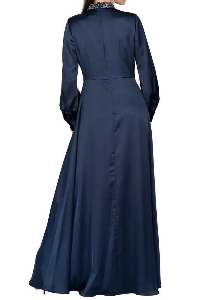 AIDAN MATTOX-TWILIGHT BEADED MOCKNECK SATIN GOWN