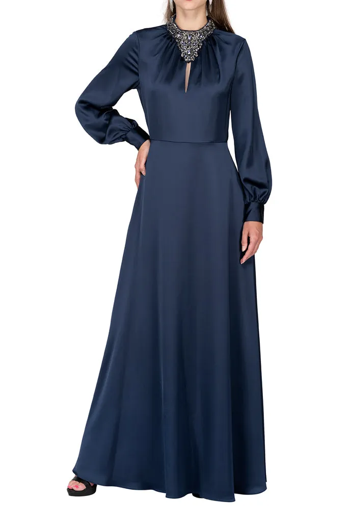 AIDAN MATTOX-TWILIGHT BEADED MOCKNECK SATIN GOWN