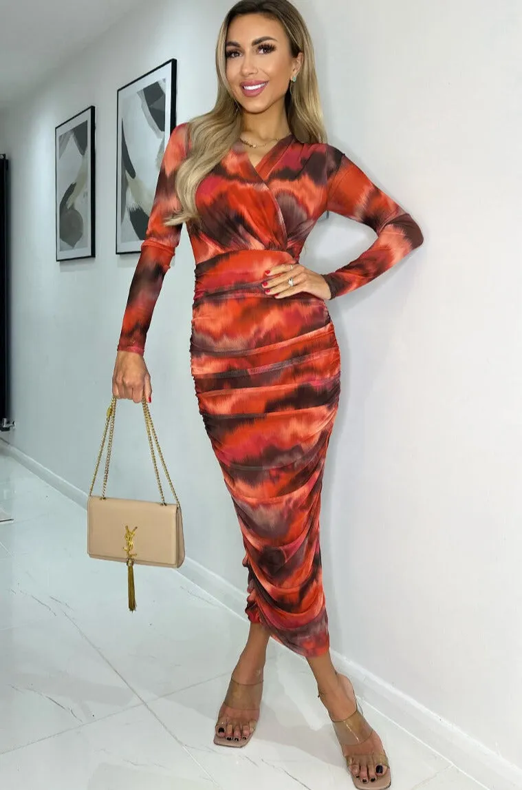 Angela Rust Mesh Print Dress