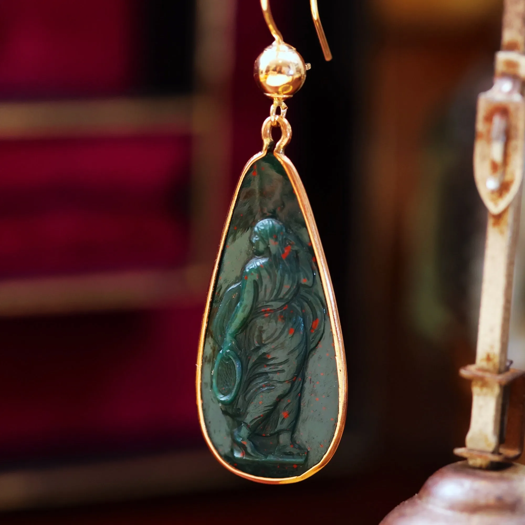 Antique Victorian Carved Bloodstone Goddess Earrings