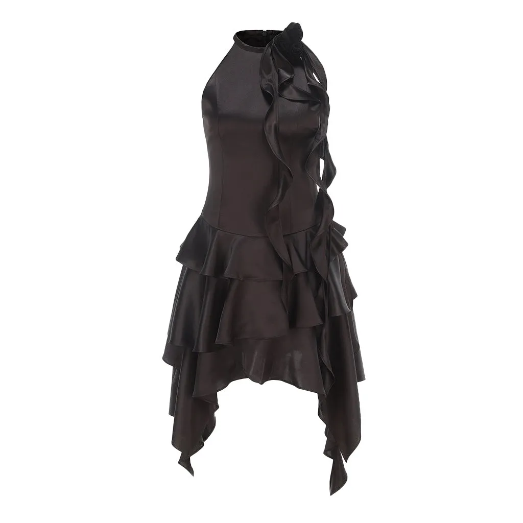 Asymmetrical Rosette High Neck Sleeveless Satin Ruffled Tiered Mini Dress