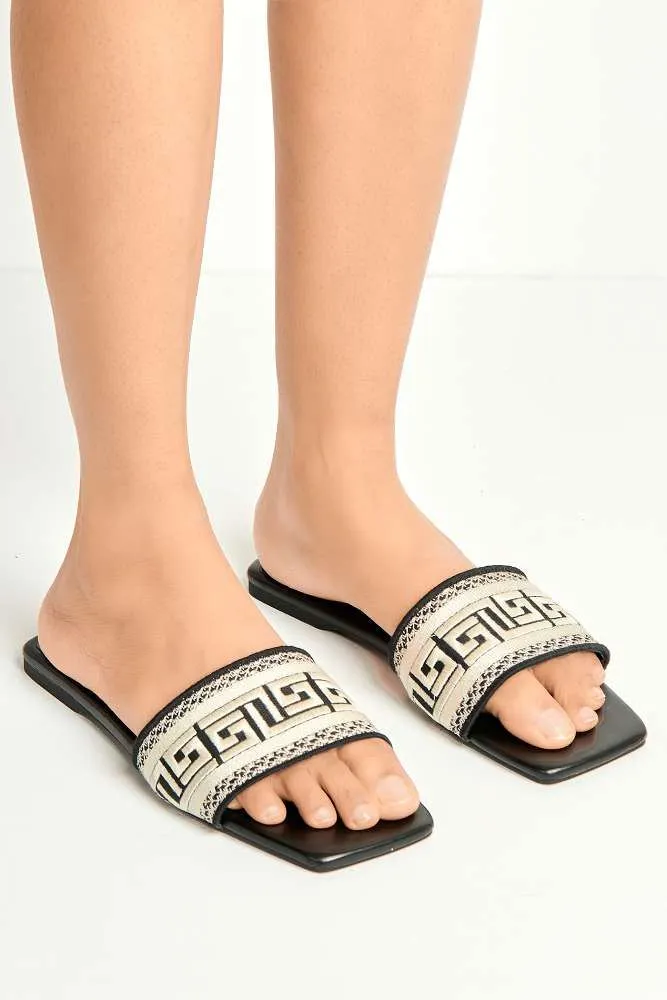 Azzam Square Toe Aztec Print Sliders in Black