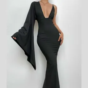 BerriesJam - Backless One Shoulder Flared Sleeve Solid Maxi Dress