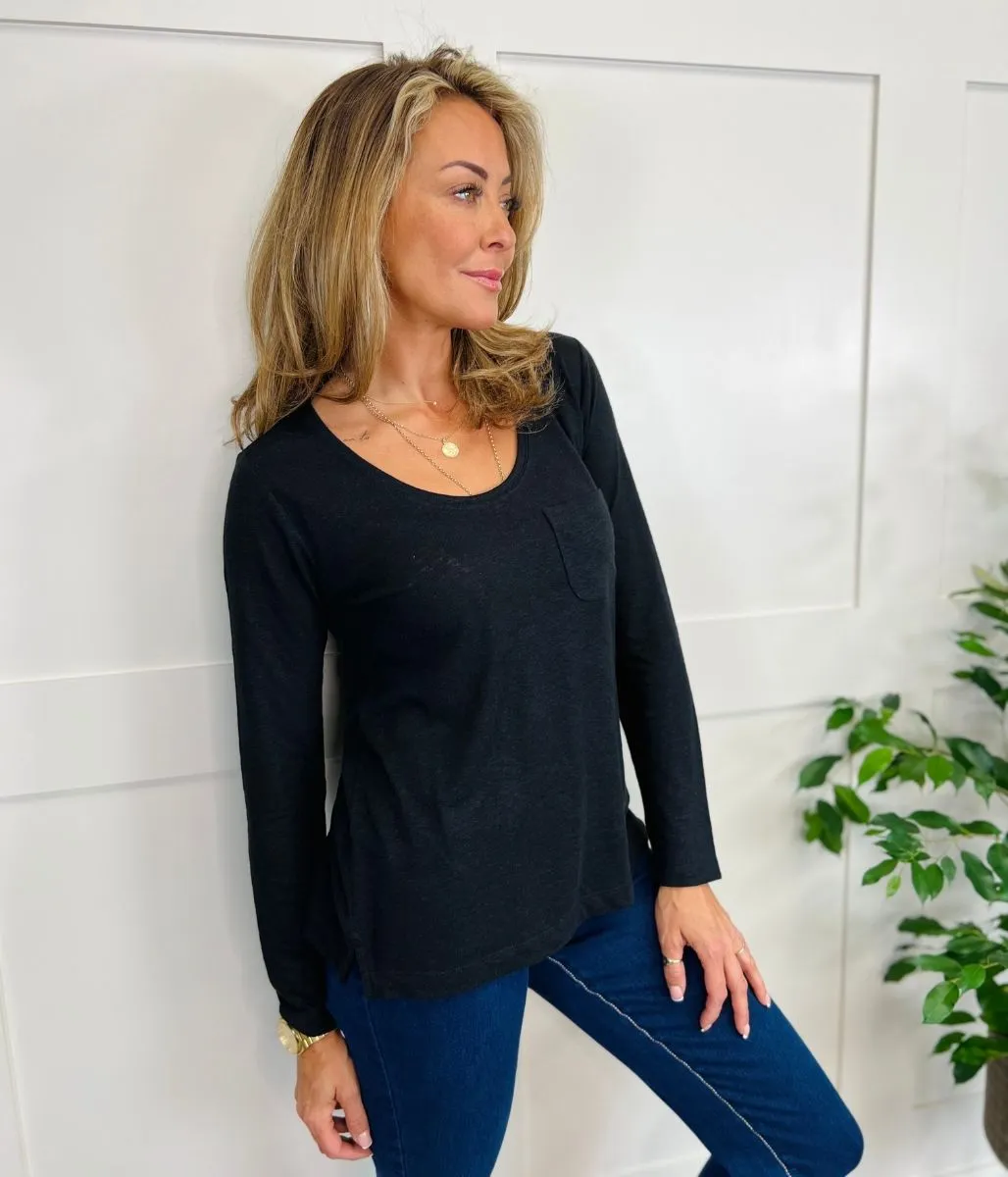 Black Linen Blend Scoop Neck Top