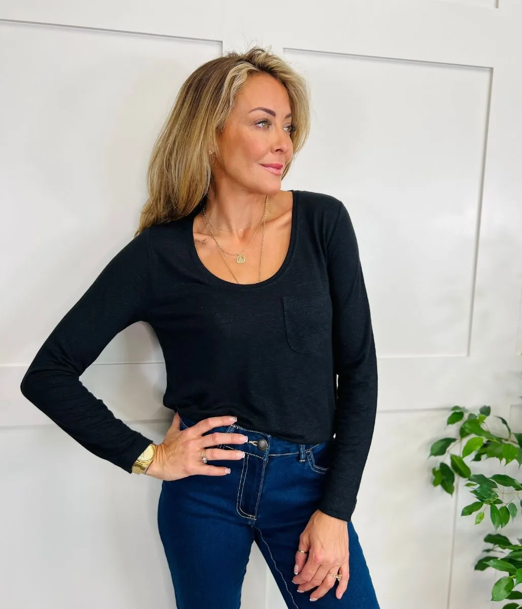 Black Linen Blend Scoop Neck Top