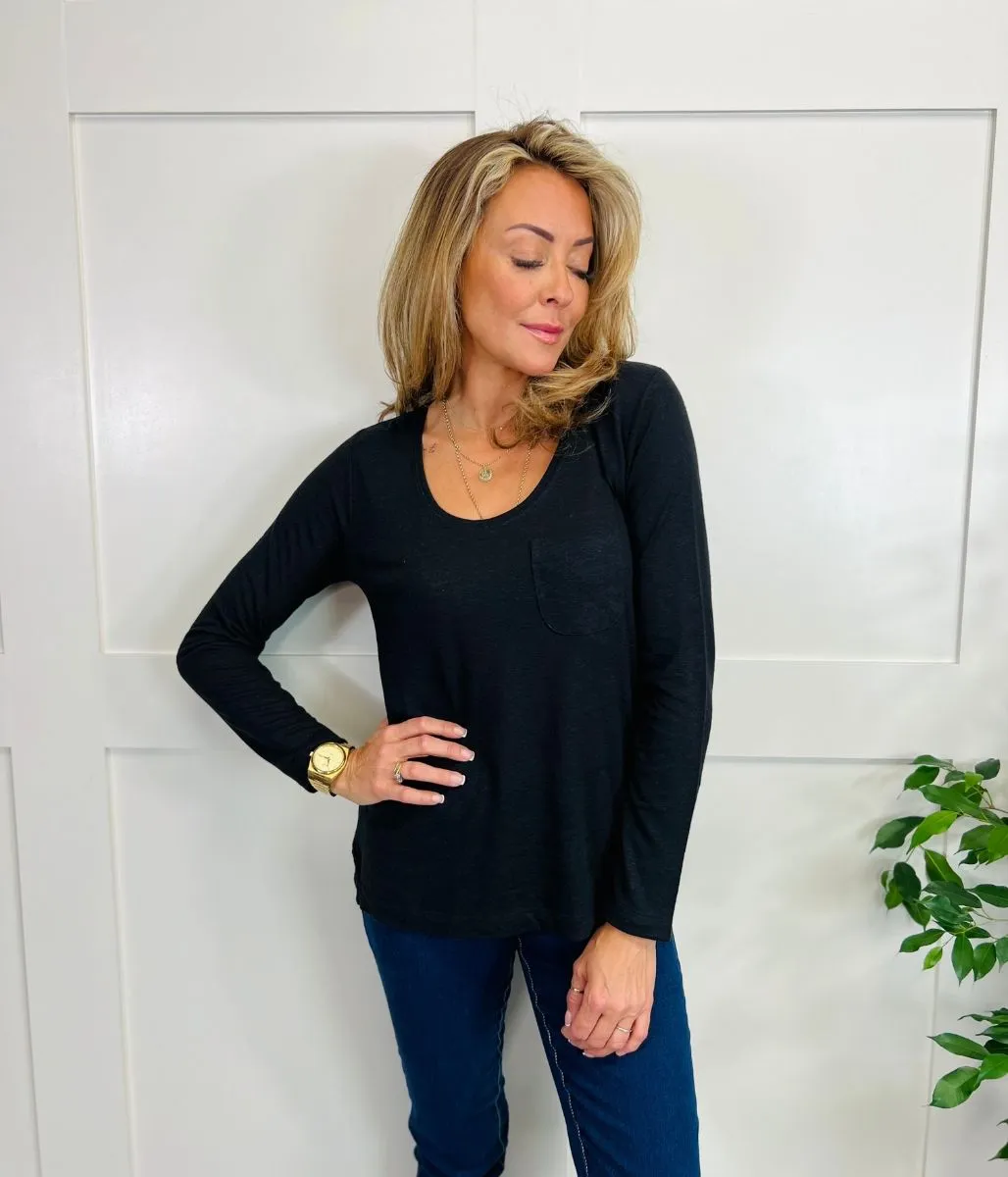 Black Linen Blend Scoop Neck Top