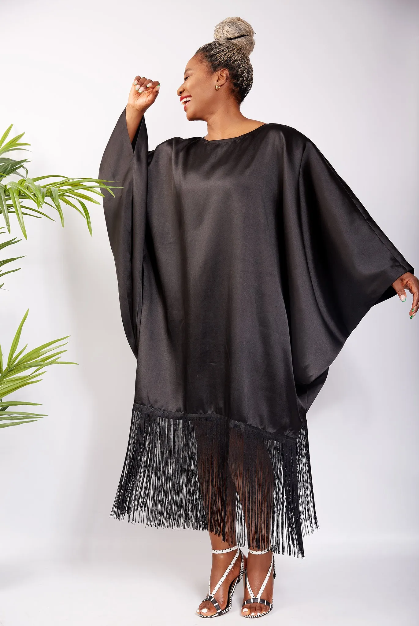 Black Micado Kaftan Boubou Fringe Dress - Ella