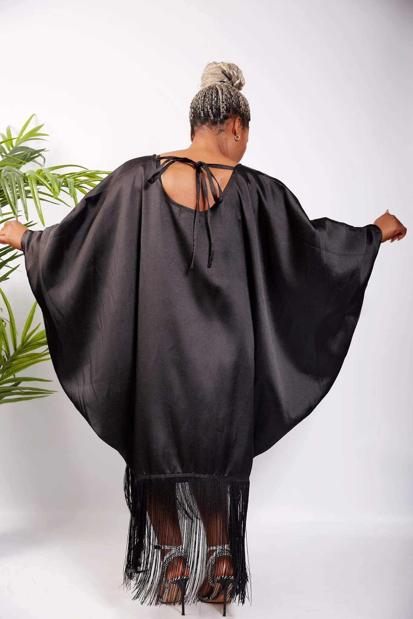 Black Micado Kaftan Boubou Fringe Dress - Ella