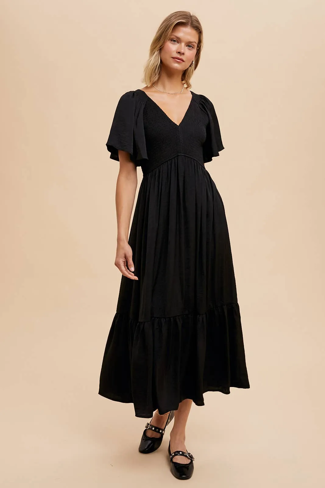 Black Smocked Washed Satin Midi Dress