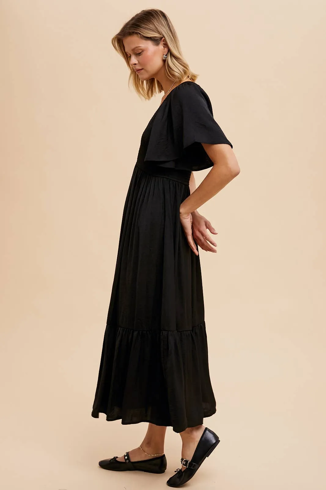 Black Smocked Washed Satin Midi Dress