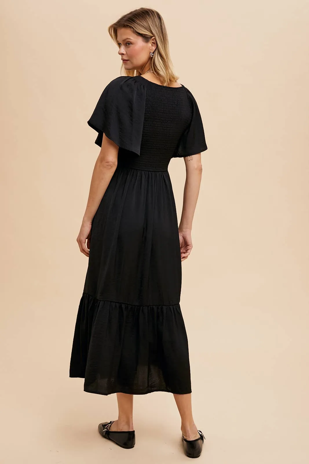 Black Smocked Washed Satin Midi Dress