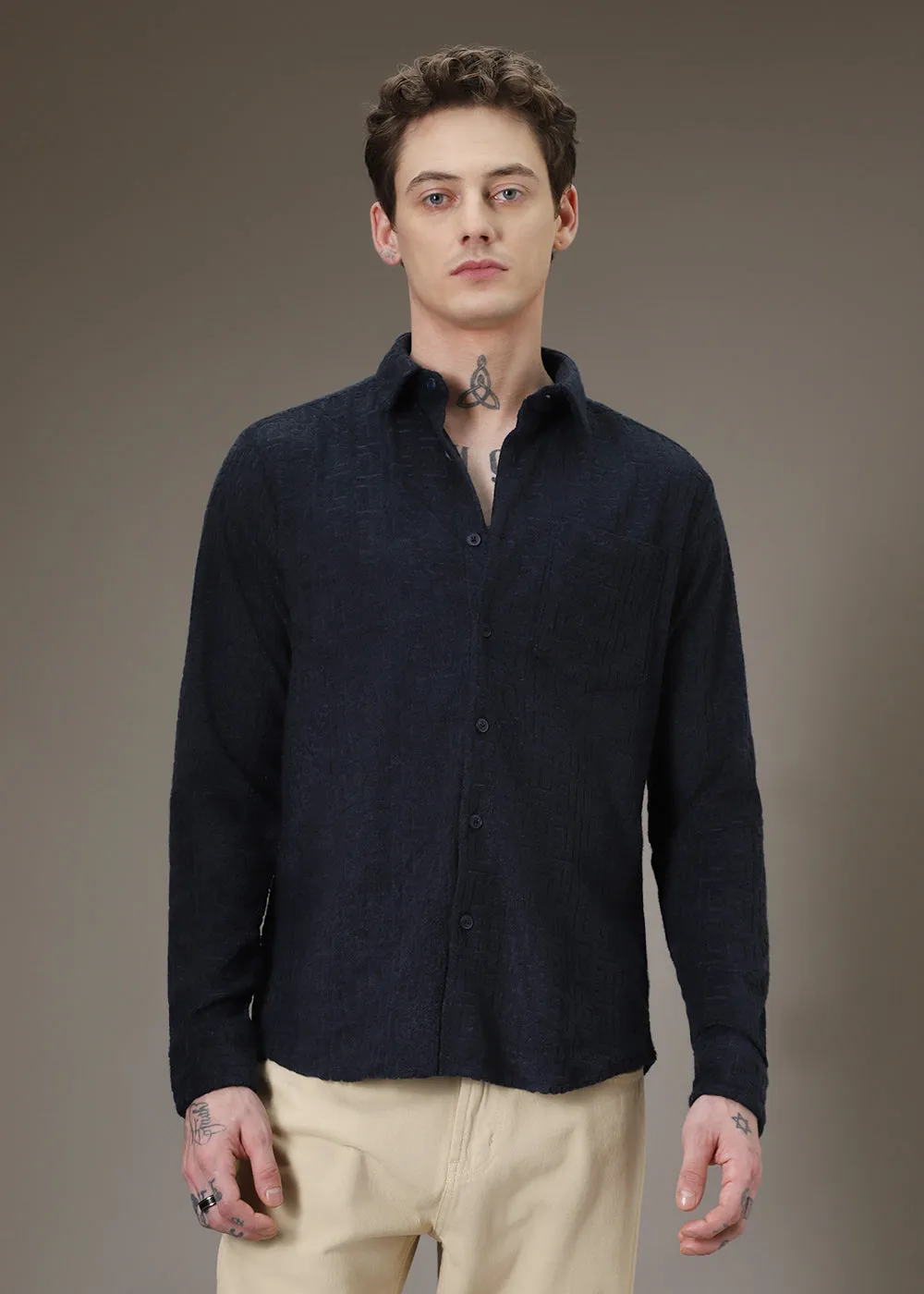 Blue Jacquard Towelling Camp Shirt