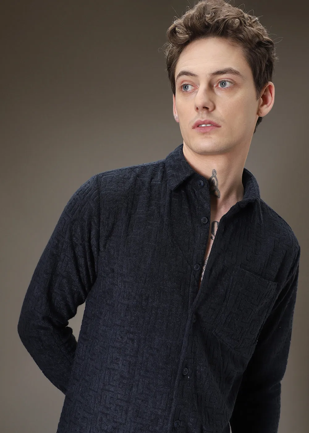 Blue Jacquard Towelling Camp Shirt