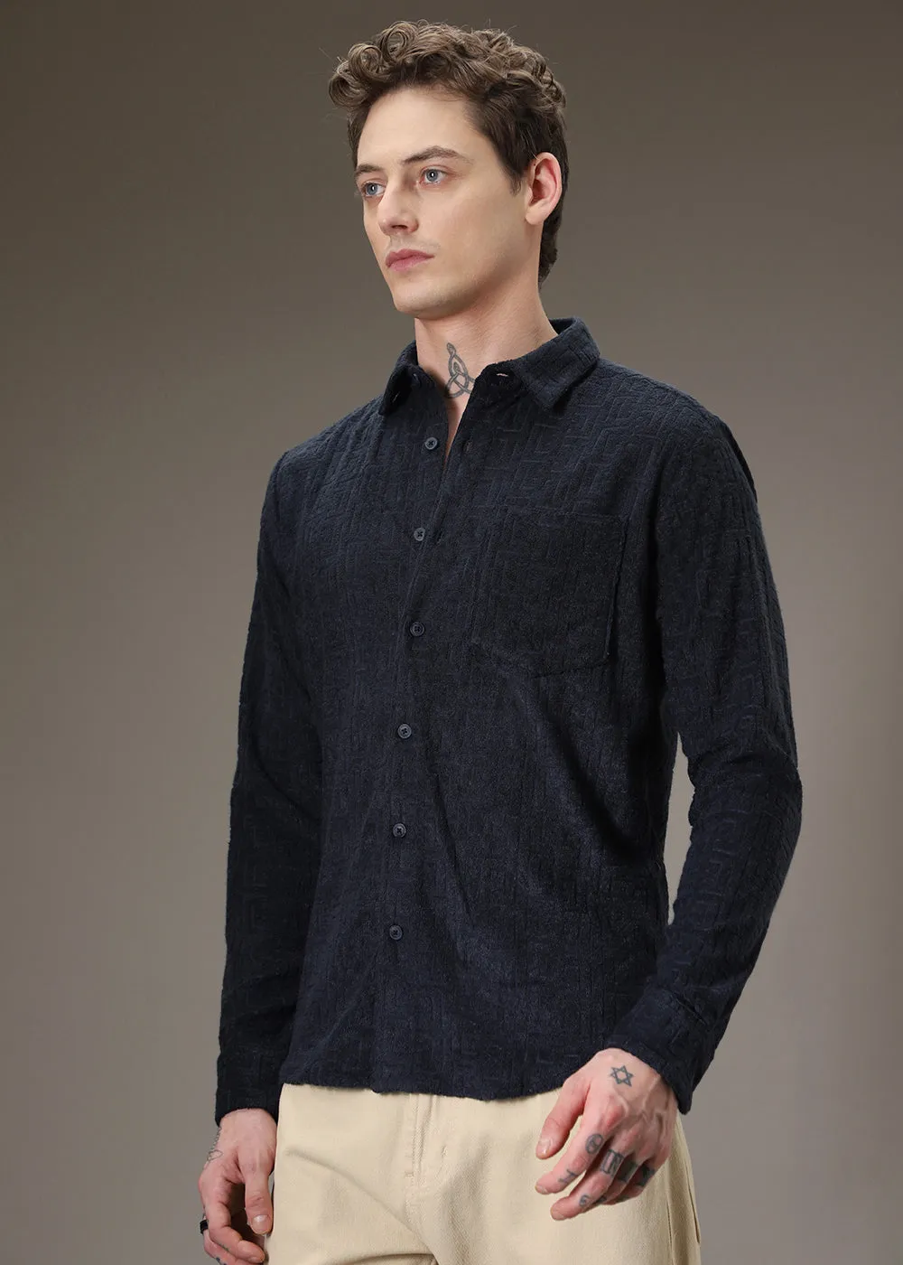 Blue Jacquard Towelling Camp Shirt