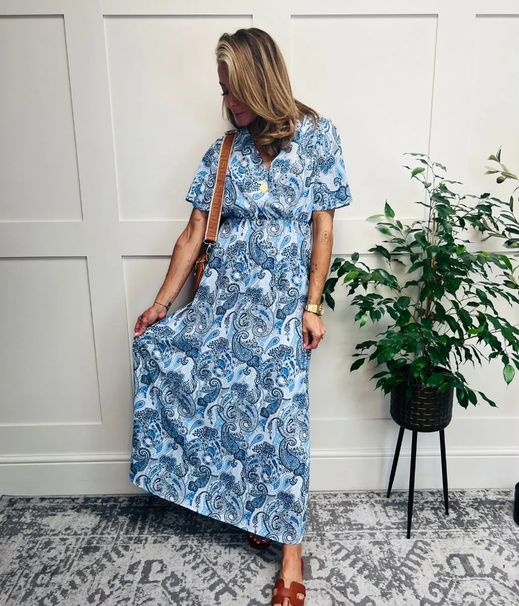 Blue Printed Wrap Front Maxi Dress