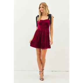 Burgundy Velvet Mini Dress W/ Ribbon Strap