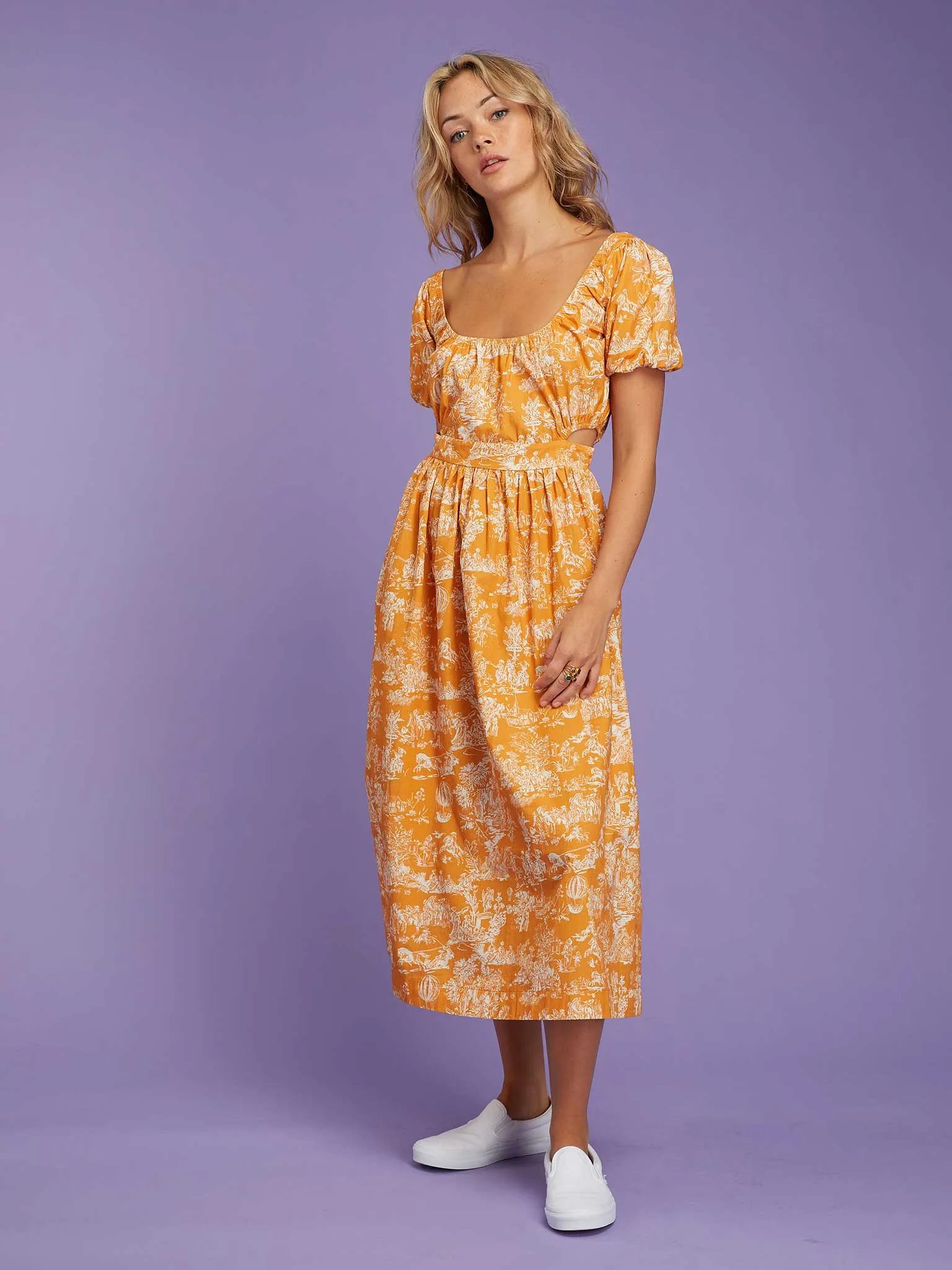 Camellia Midi Dress in Orange Toile