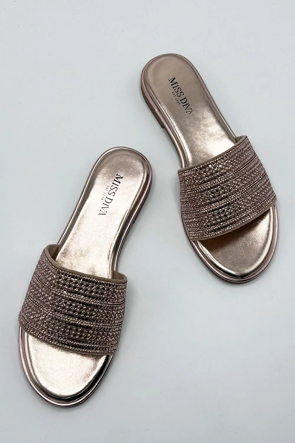 Camille Diamante Embellished Strap Sliders in Rose Gold