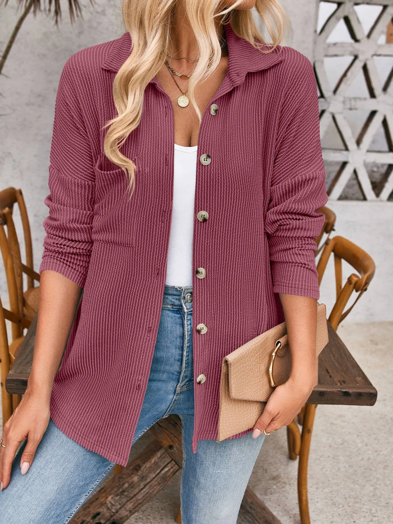 Casual Textured Button-Pocket Long-Sleeved Shirt