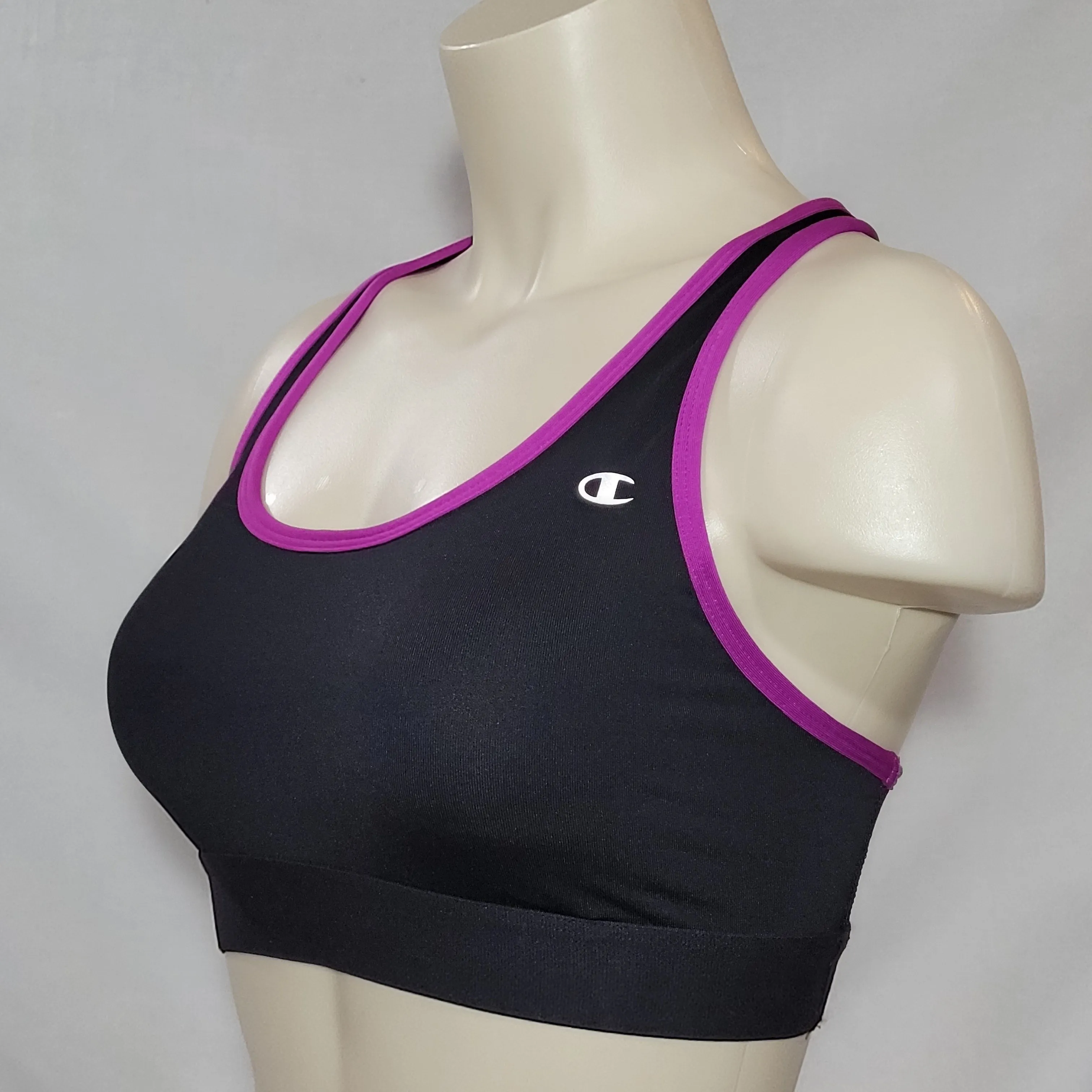 Champion B0791 Removable Cup Wire Free Sports Bra LARGE Black & Purple