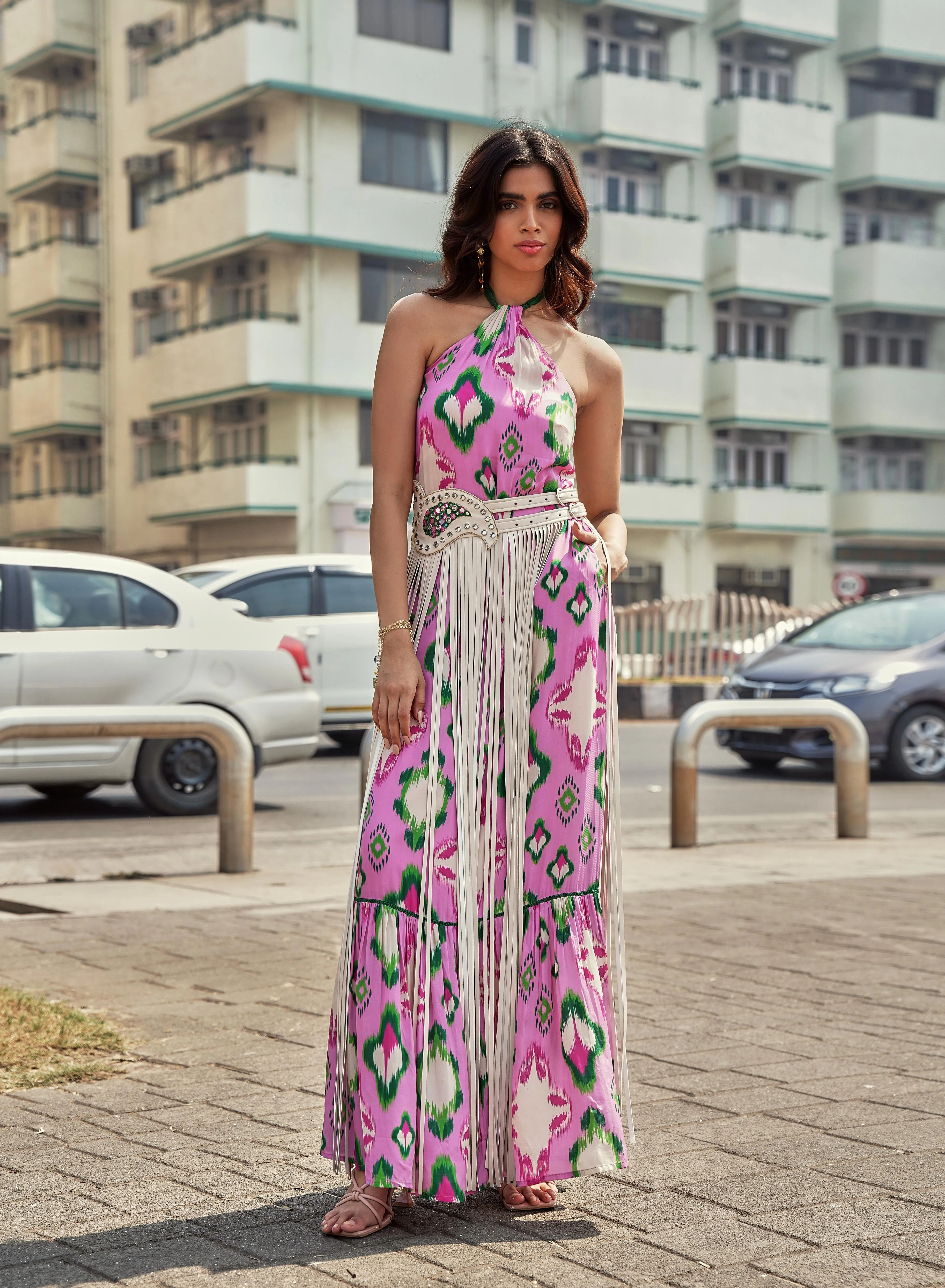 CHEEKY PINK IKAT HALTER MAXI DRESS