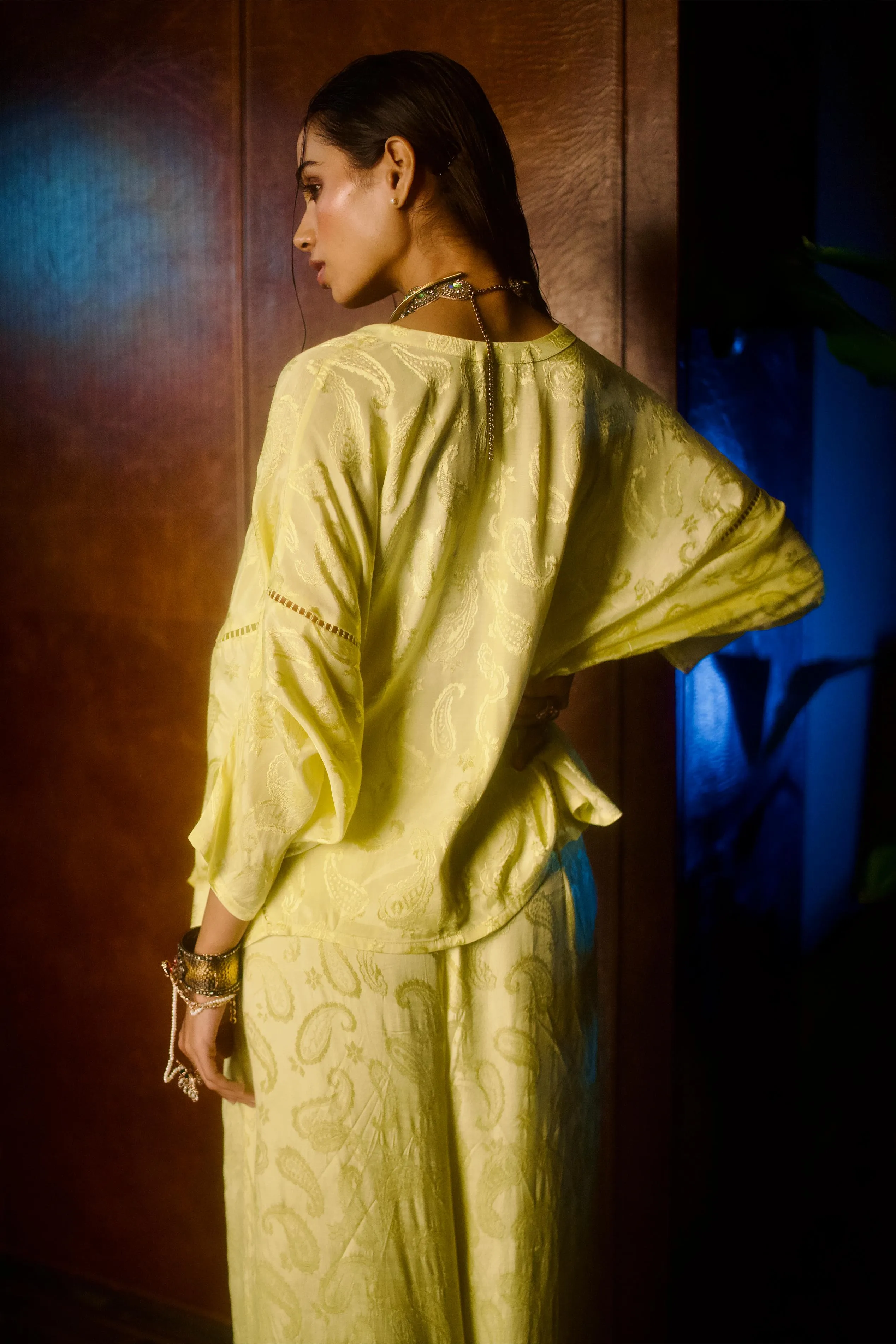 CITRINE BUTTER YELLOW JACQUARD KIMONO SHIRT