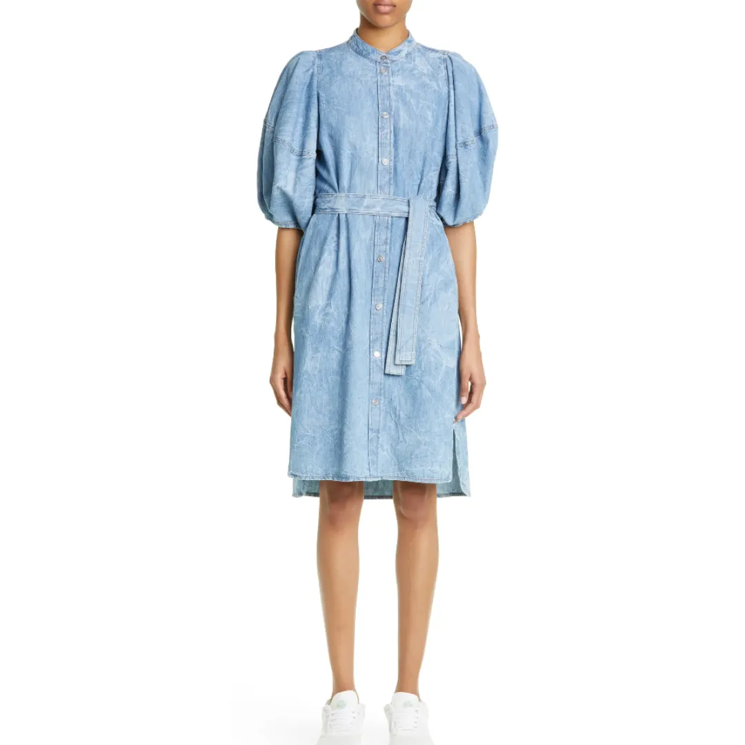 Crinkle Denim Puff Sleeve Dress