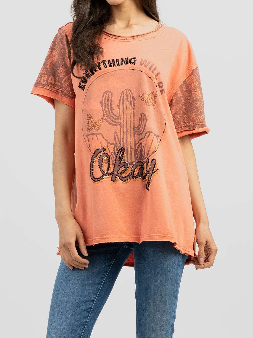 Delila Women Embroidered Washed Cactus Tee With Rhinestones