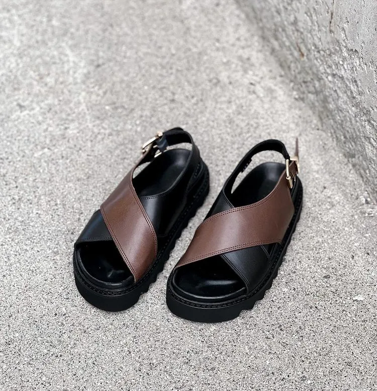 Diana Black Brown Leather Chunky Sandals