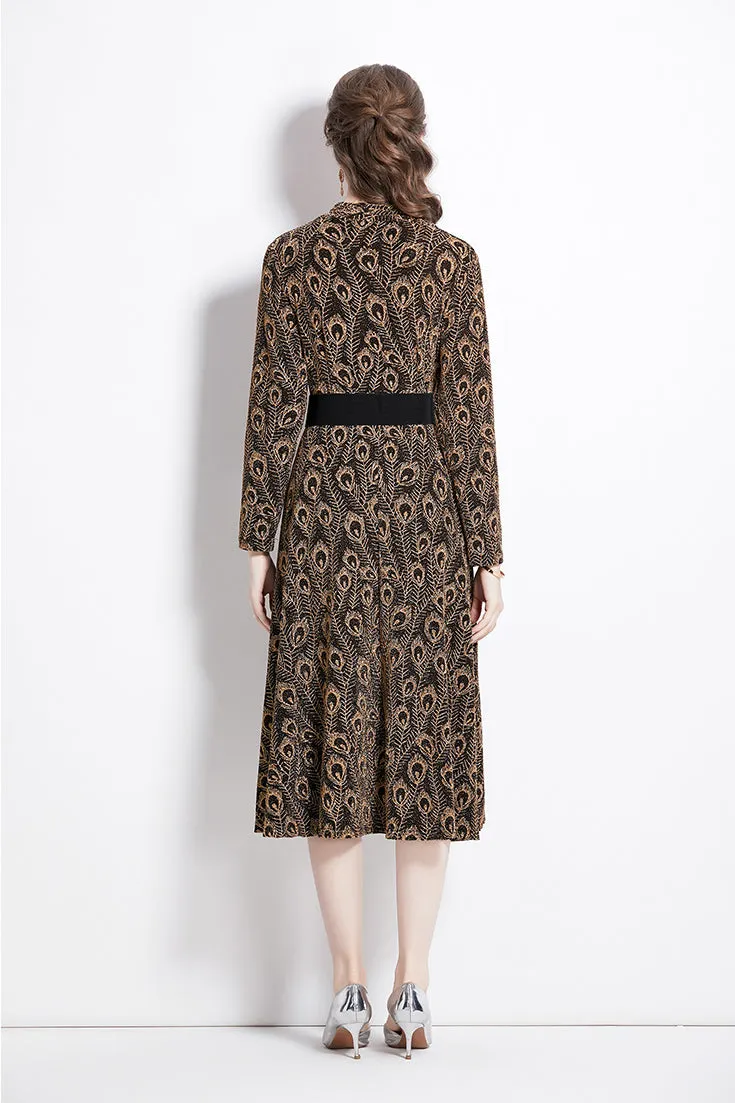 Elegant Long Sleeve  Printed Dress with Belt