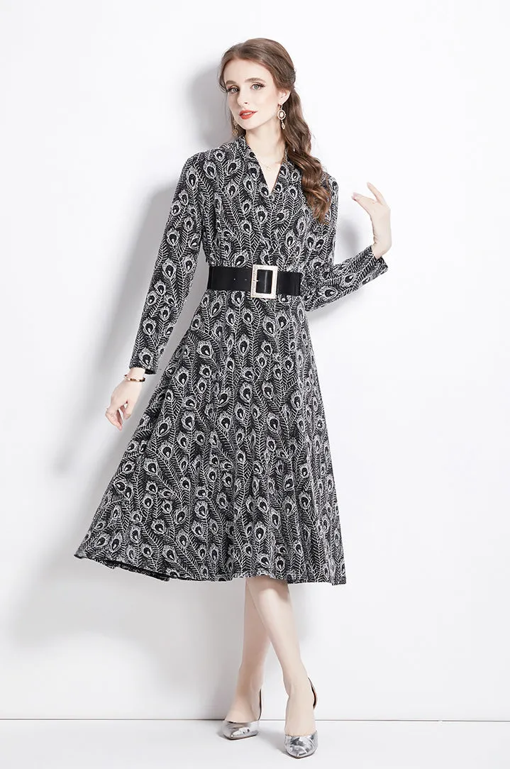 Elegant Long Sleeve  Printed Dress with Belt