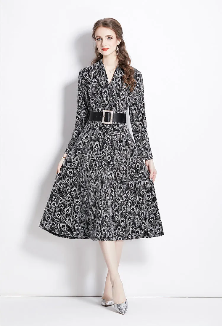 Elegant Long Sleeve  Printed Dress with Belt