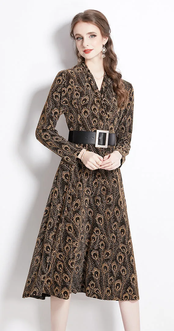 Elegant Long Sleeve  Printed Dress with Belt