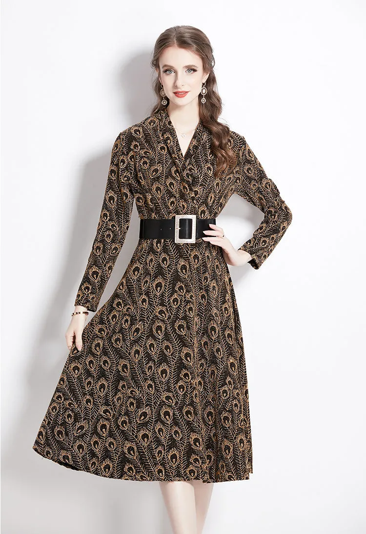 Elegant Long Sleeve  Printed Dress with Belt