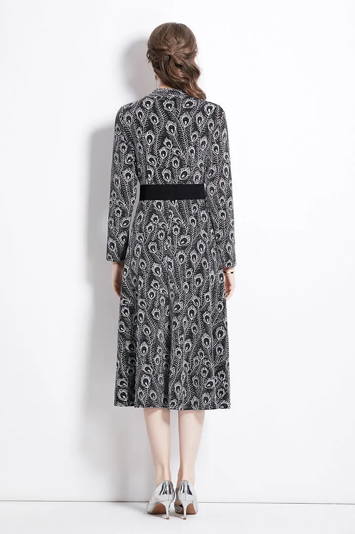 Elegant Long Sleeve  Printed Dress with Belt