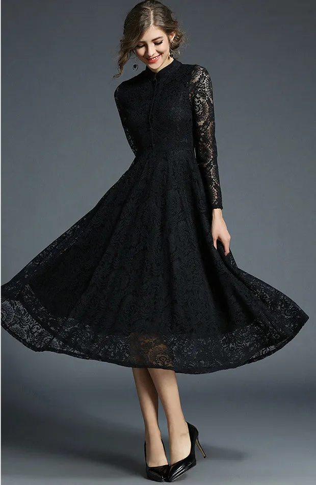 Elegant Long Sleeve Vintage Lace Flared Dress